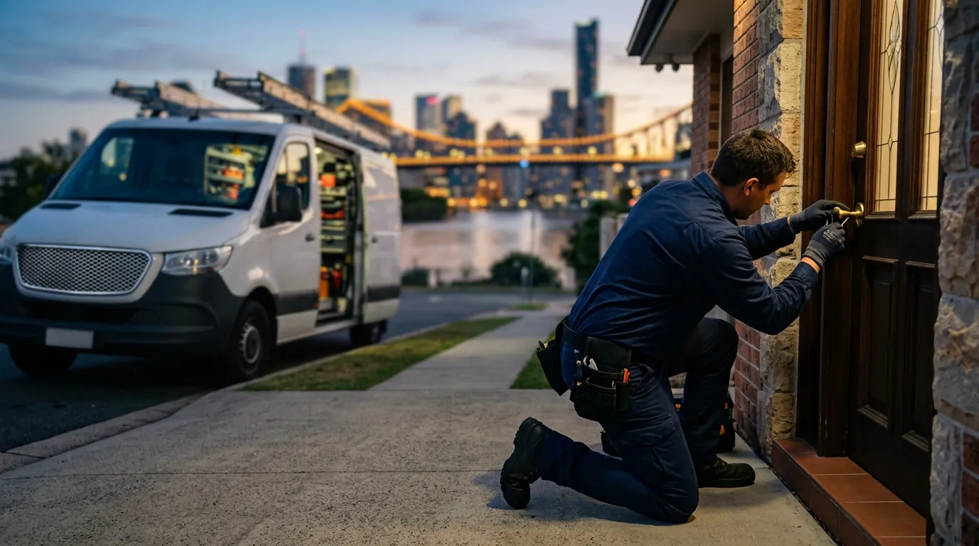 Mobile locksmith technician at work on a door lock at dusk with the Brisbane city skyline behind